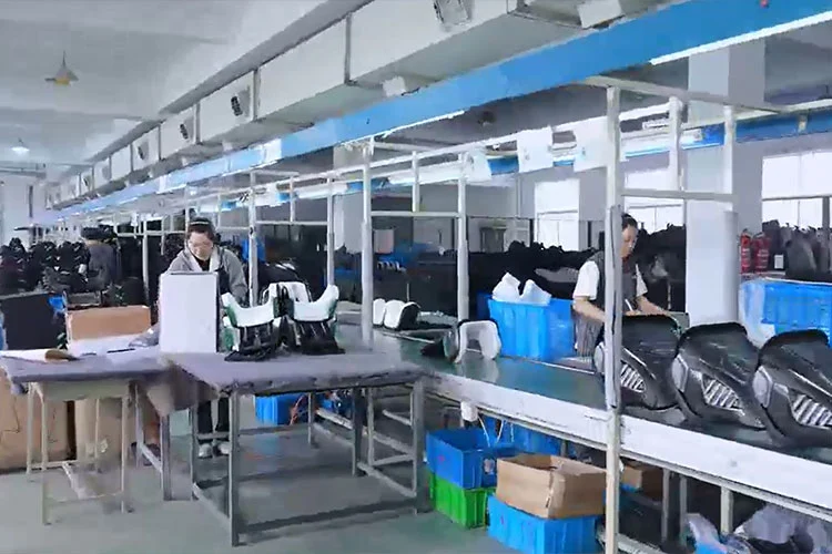 Assembly line producing certified child car seats at the Bewell factory in Ningbo, China